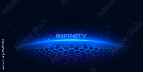 Hexagon gaming background. Shiny blue futuristic background with 3D hexagonal floor. Futuristic digital landscape with glowing grid horizon. Cyber space. High-tech innovation and data systems.