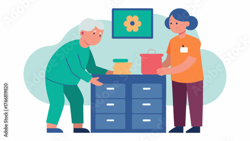 A caregiver being taught how to create a safe environment for seniors with dementia including removing potential hazards and implementing memory aids such as labeling drawers and. Vector illustration