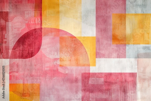 A soft, minimalist geometric design with faded pink and yellow squares and subtle curves 