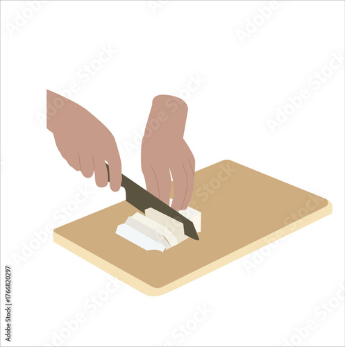 cutting tofu on a cutting board