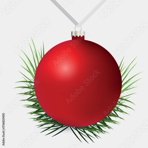 Christmas bubble. Red Christmas Ball with Pine Branches Vector. Perfect for festive designs, greeting cards, posters, and seasonal banners.
