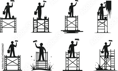 Silhouette of construction workers painting walls on scaffolding, renovation labor, maintenance work, industrial building painter, safety equipment, home improvement concept
