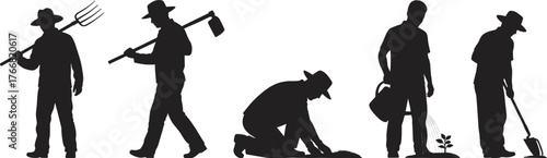 Silhouettes of gardeners performing tasks, pitchfork, hoe, watering, planting, kneeling, farming activity, black illustration, agriculture, manual labor, outdoor work
