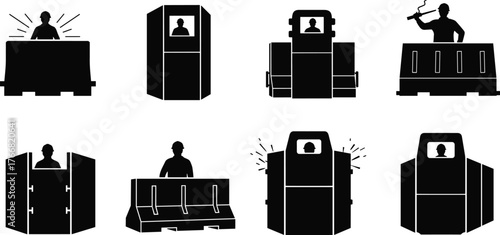 Silhouette of construction workers inside safety barriers, working protection shields, heavy equipment operation, industrial safety, construction site isolation illustration