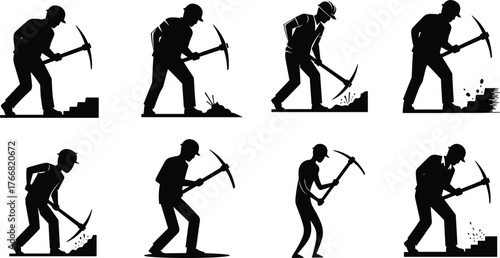 Silhouette of construction workers using pickaxes for digging, mining, breaking ground, hard labor, industrial work, excavation, and manual effort illustration