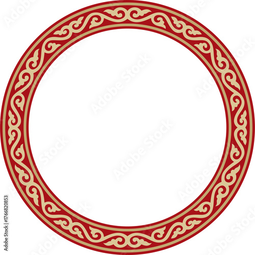 Vector round gold and red ancient Russian ornament. Slavic border, frame. Circle, ring. Painting of the royal chambers.