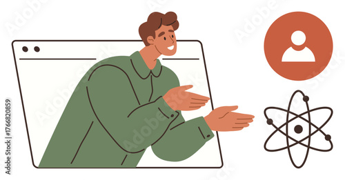 Man emerging from web interface, gesturing to explain concept with atom structure and user icon. Ideal for education, e-learning, online teaching, scientific explanation, knowledge sharing, virtual