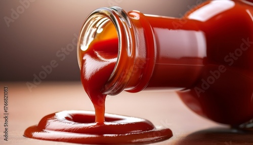 detailed close up of ketchup flowing from a classic glass bottle emphasizing the texture and sheen of the ketchup