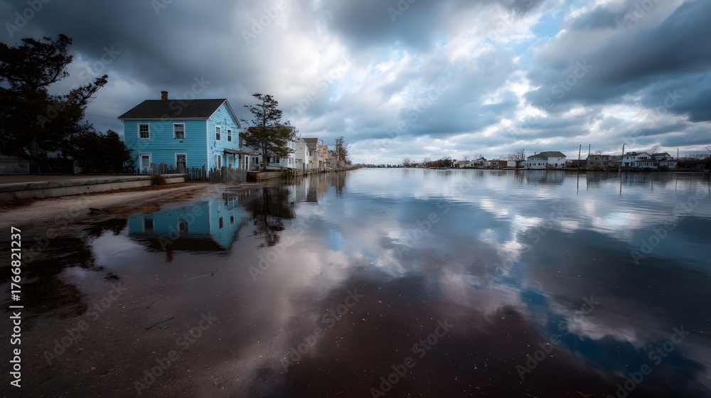 Obraz premium A blue house stands by the water reflecting dramatic clouds under an overcast sky
