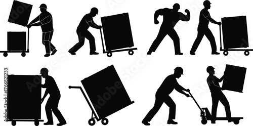 Silhouette of workers moving heavy boxes with hand trucks and pallet jacks, warehouse labor, logistics, industrial transportation and cargo handling illustration