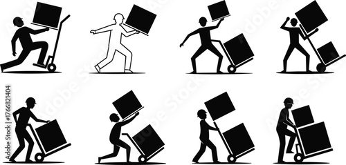 Silhouette of workers lifting heavy boxes with hand trucks, cargo loading, warehouse labor, transportation effort, industrial logistics, and manual handling