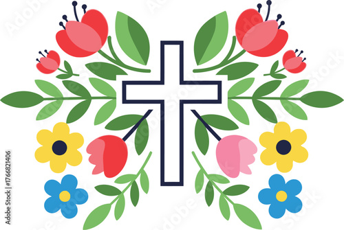 Vector art of christian cross with floral decoration