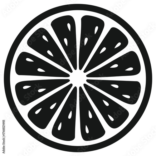 Black and white graphic illustration of a citrus fruit slice