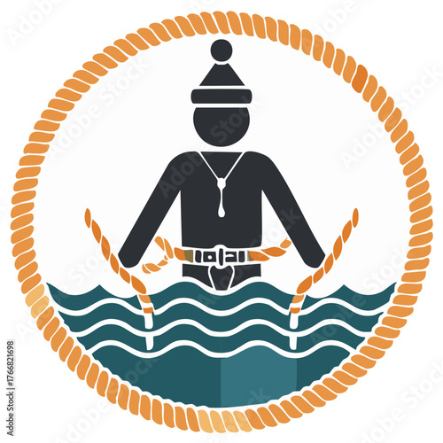 Stylized Rafting Graphic Depicting Person Rowing Boat with Rope in Water Surrounded by Thick Rope Frame