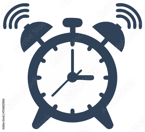 Ringing Alarm Clock Symbol Isolated, Dark Blue Silhouette of Clock and Sound Waves, Reminder Icon