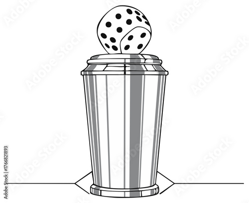 Black and White Illustration of a Dice Shaker on Surface