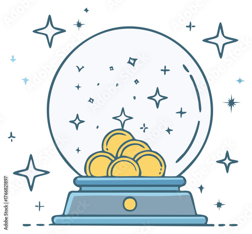 Cartoon fortune teller crystal ball with gold coins and stars, future prediction and investment concept