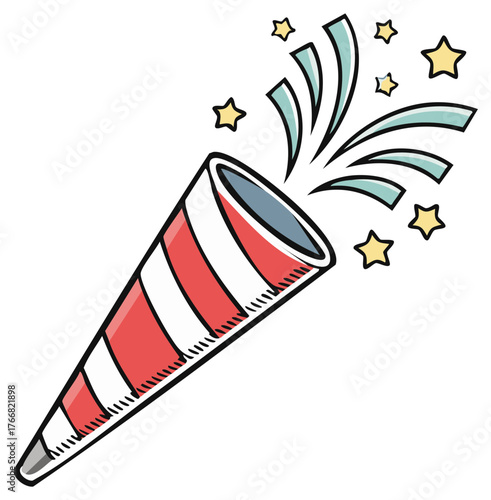 Red and white striped party popper exploding with streamers and stars for celebration