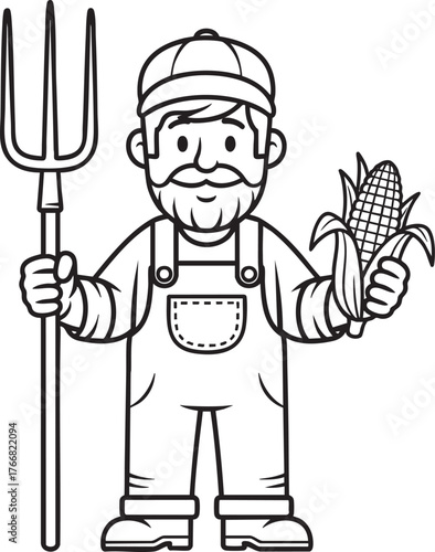 Friendly Cartoon Farmer with a Beard Holding a Pitchfork and Corn Cob.