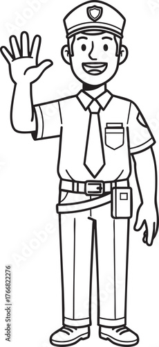 Friendly cartoon police officer in uniform waving his hand a black and white line art illustration.
