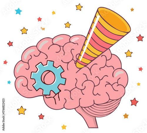 Human brain with gear and party popper symbolizing creative innovation and celebratory success