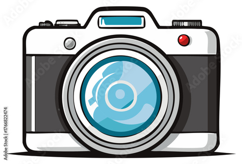 Stylized Camera Graphic Illustration with Blue Lens Reflections for Photography Concepts