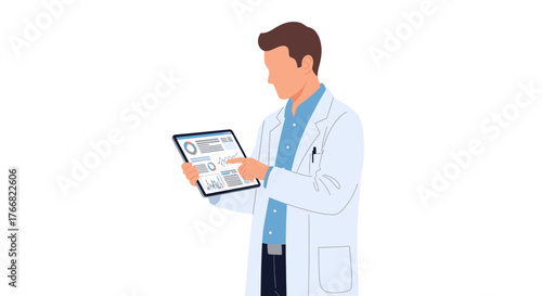 Professional doctor analyzing complex medical data on a tablet, showcasing modern healthcare technology and patient care advancements