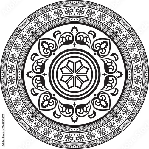 Vector round black monochrome ancient Russian ornament. Slavic border, frame. Circle, ring. Painting of the royal chambers.