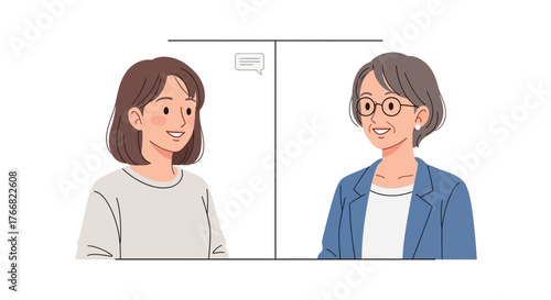 Two women smiling and talking, representing communication, connection, and understanding across generations or teams in a virtual meeting.