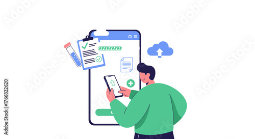 Person interacting with a mobile app for data upload and progress tracking with cloud integration and lab elements