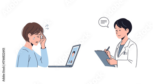 Worried patient consults doctor remotely via video call, seeking medical advice and reassurance for health concerns.