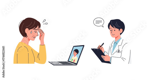 Worried patient consults doctor via video call, seeking medical advice and reassurance for health concerns.