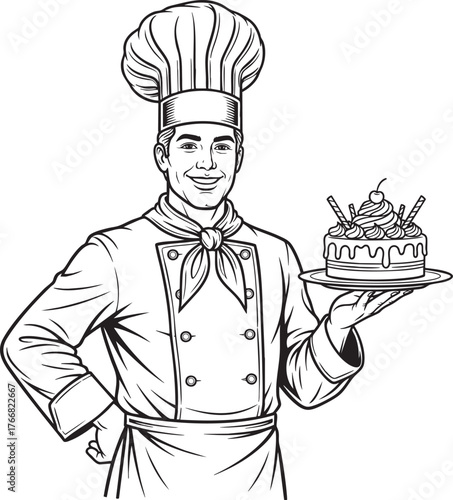Illustrated smiling chef in a classic uniform presenting a fancy dessert cake.