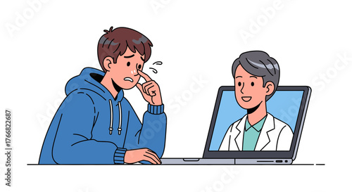 Worried teen consults doctor via telehealth, seeking advice for skin concerns on a laptop screen during a remote consultation.