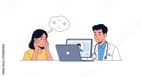 Worried patient seeks medical advice online during remote consultation, highlighting telehealth convenience and emotional support
