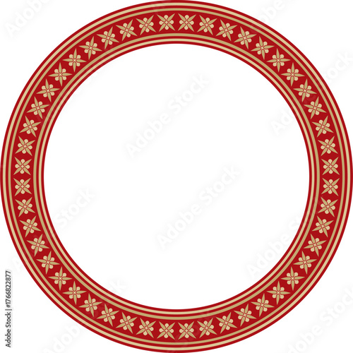 Vector gold with red round classic byzantine ornament. Circle, ring, border, Ancient Greece, Eastern Roman Empire frame. Decoration of the Russian Orthodox Church