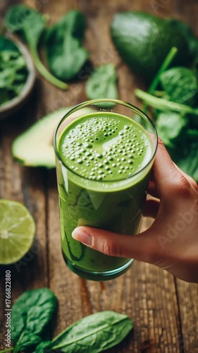 Hand holds fresh green smoothie in glass with spinach, avocado slices, lime on wooden table. Vibrant healthy drink with creamy texture, surrounded by greens for detox vibe