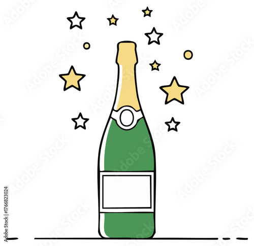 Festive champagne bottle with stars, vector drawing of sparkling wine celebrating special occasions