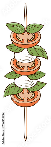 Delicious Caprese salad skewer featuring vibrant red tomatoes fresh white mozzarella and green basil leaves