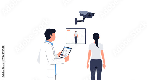 Doctor analyzes patient data on tablet while security camera monitors for privacy and safety in modern healthcare setting.