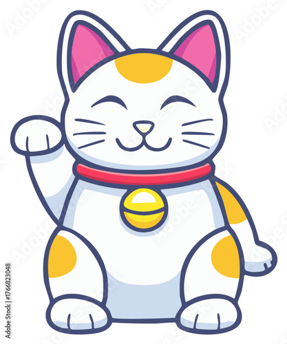 Charming cartoon maneki neko illustration in white and yellow, a symbol of good luck and fortune, on white background