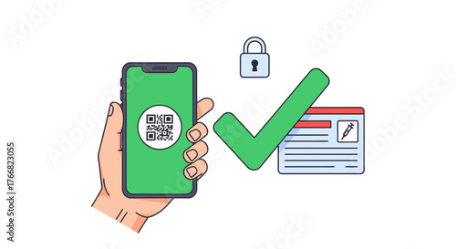 Digital health pass scanned on smartphone with checkmark and vaccination card signifying secure access and verification for travel or events