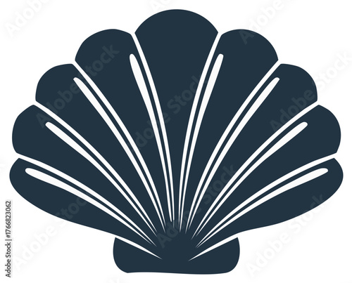 Stylized dark blue scallop shell with radiating lines graphic