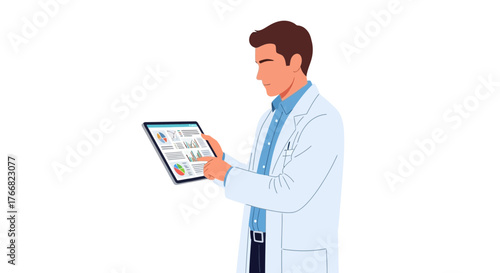 Confident medical professional analyzing complex data charts and graphs on a digital tablet, showcasing scientific progress and innovation in healthcare research and development.