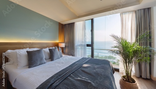 modern hotel room suite with big bed plants and big window with lots of light sunshine and sea view on vacation