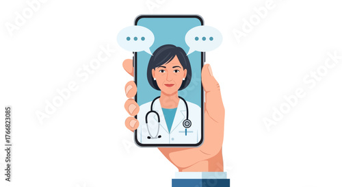 Empowering telehealth consultations, a doctor appears on a smartphone screen, offering remote medical advice and patient care with chat bubbles.