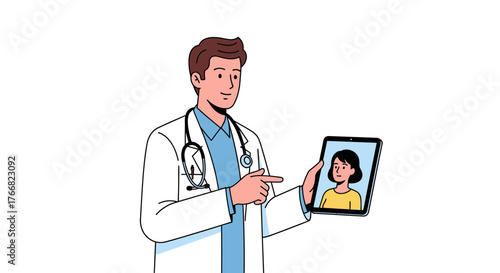Professional doctor consults with patient virtually on tablet screen showing modern healthcare connection and medical expertise
