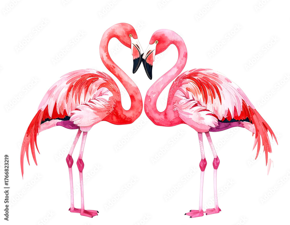 Obraz premium Pink Flamingo's Love: Two graceful pink flamingos forming a heart shape with their necks. A lovely representation of affection, with a clean and simple aesthetic.
