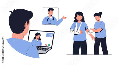 Modern healthcare consultation with doctor via video call assisting injured patient receiving medical advice and treatment