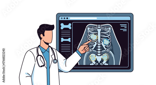 Confident doctor explains skeletal X-ray analysis on a digital screen, highlighting joint health and medical diagnosis for patient education and healthcare communication